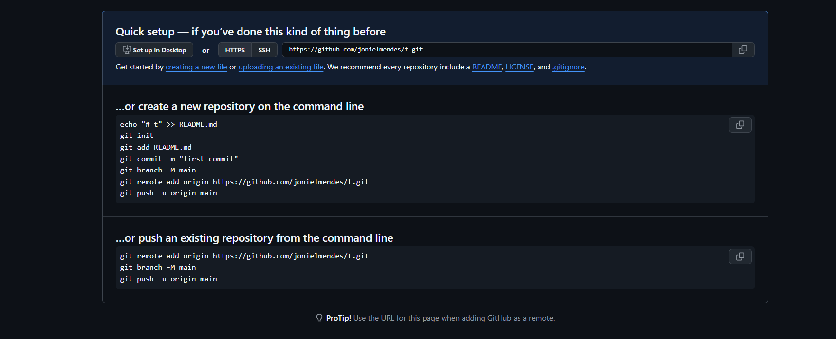 Comandos de conexão do GitHub
